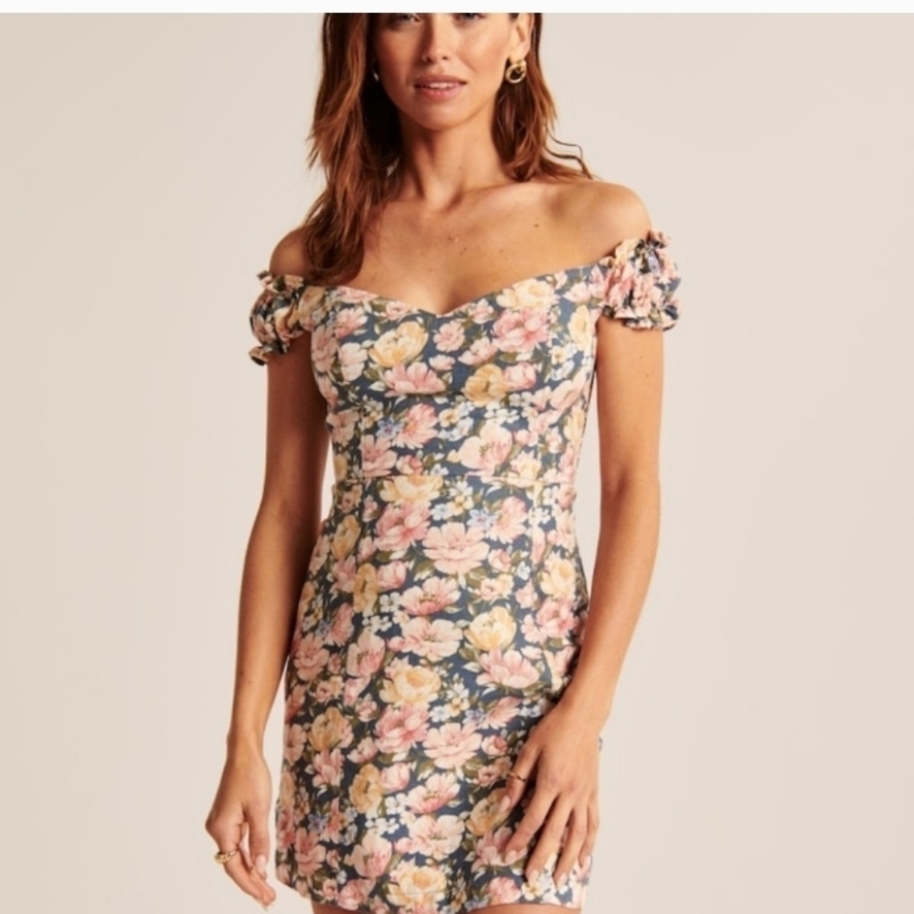 Abercrombie & Fitch Linen Boho Floral Off Shoulder Coquette Girl Corset Dress